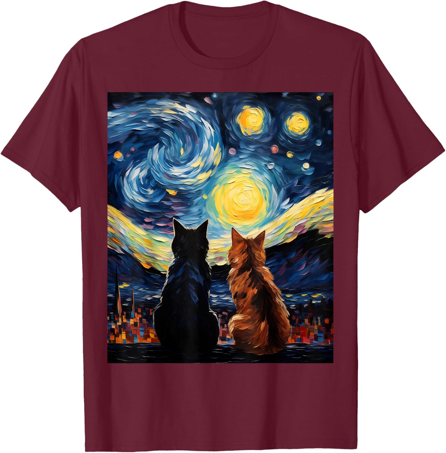 Funny Couples Cats Lover Starry Night Vincent van Gogh Cat Women Girls Kids T-Shirt - T-Shirt | Maroon