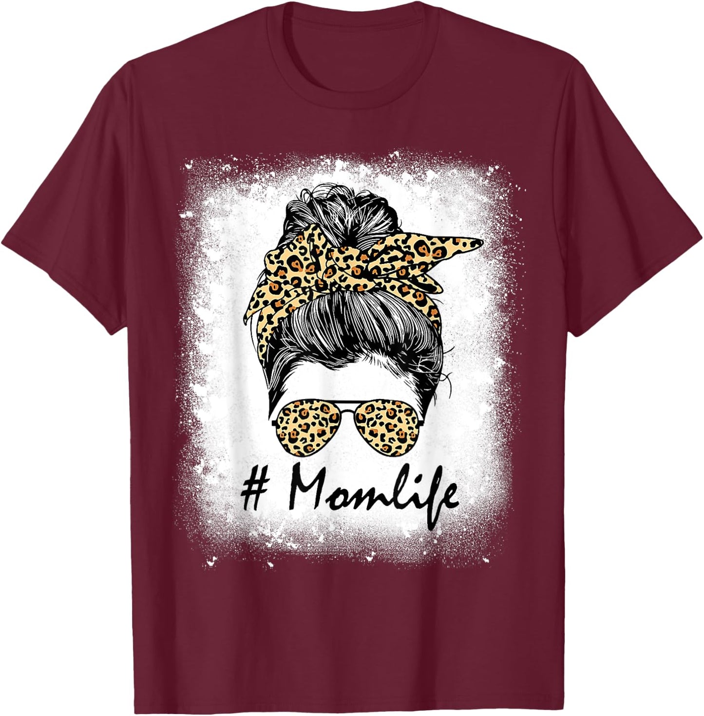 Mom Life Bleached Shirt Mom Life Leopard Messy Bun T-Shirt - T-Shirt | Maroon