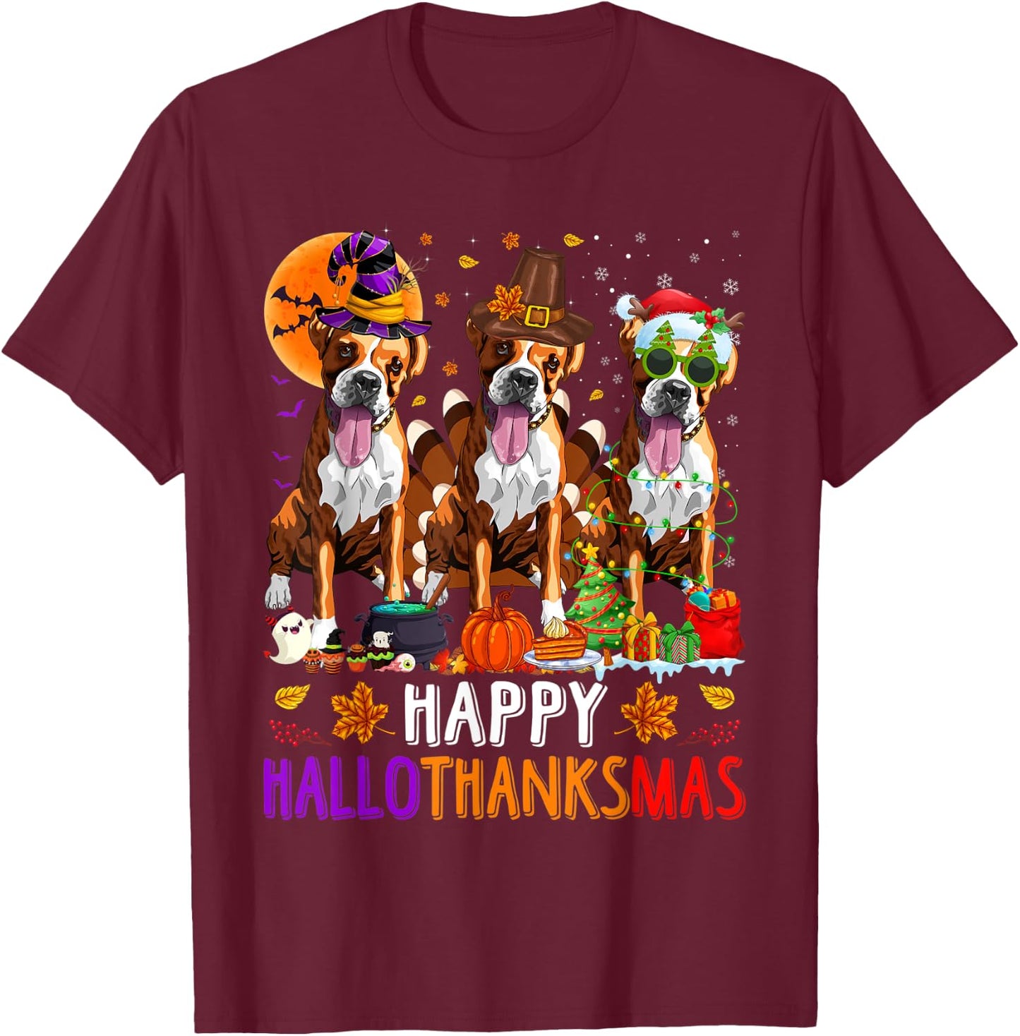Happy Hallothanksmas Boxer Dog Halloween Christmas T-Shirt - T-Shirt | Maroon