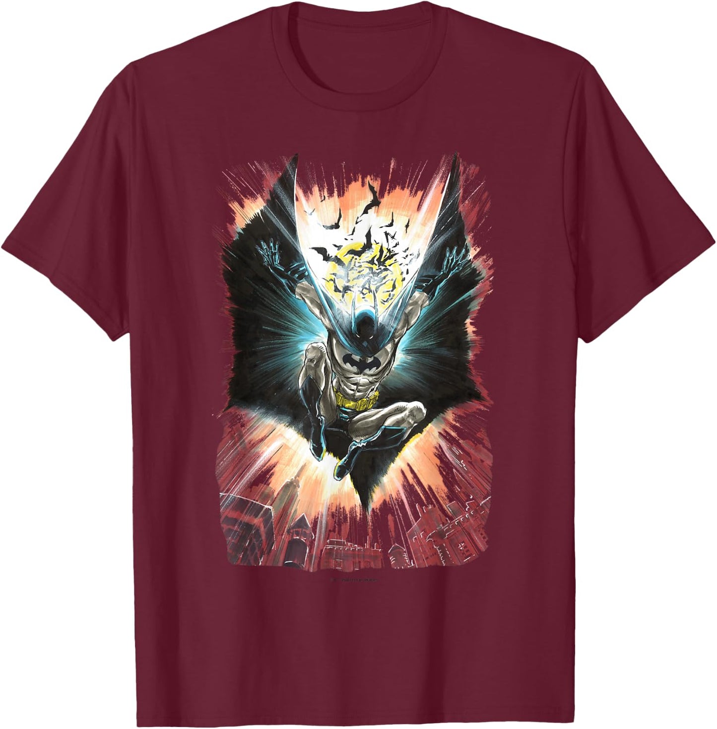 WB100 DC Comics The Batman Soaring Action Shot Sketch T-Shirt - T-Shirt | Maroon
