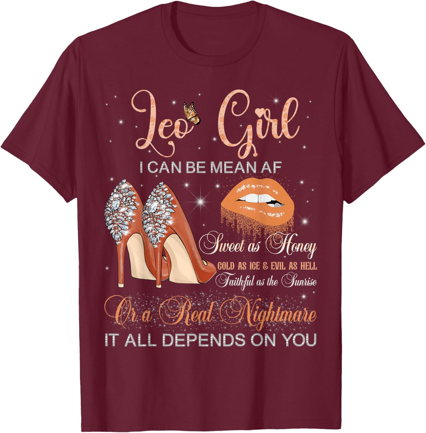 Leo Girl Zodiac Birthday High Heels Dripping Lips Butterfly T-Shirt - T-Shirt | Maroon