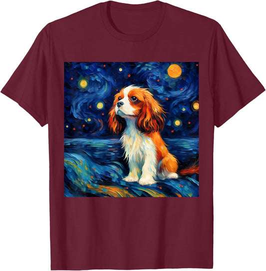 Surreal Starry Night Cavalier King Charles Spaniel Dog T-Shirt - T-Shirt | Maroon