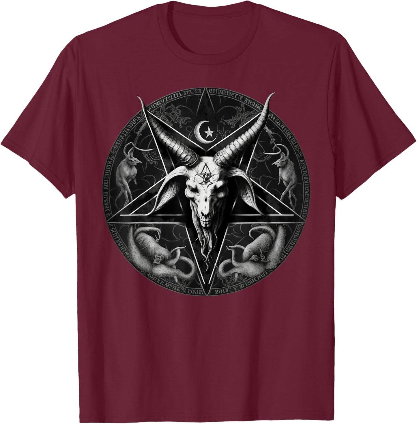 Satanic 666 Devil Occult on black and white Pentagram Goat T-Shirt - T-Shirt | Maroon