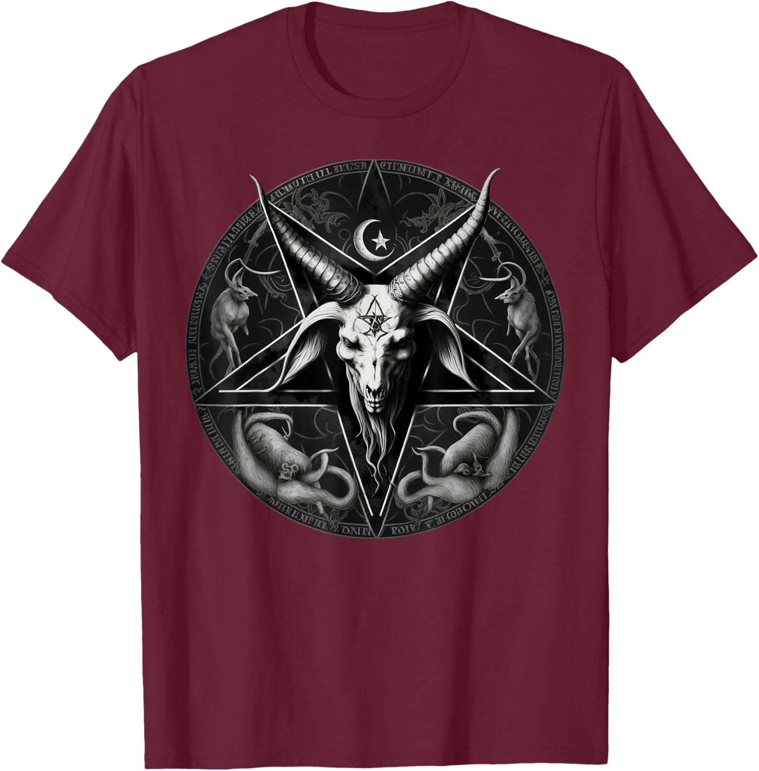 Satanic 666 Devil Occult on black and white Pentagram Goat T-Shirt - T-Shirt | Maroon