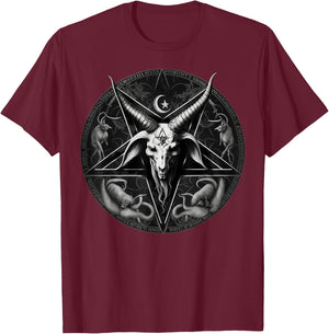Satanic 666 Devil Occult on black and white Pentagram Goat T-Shirt - T-Shirt | Maroon