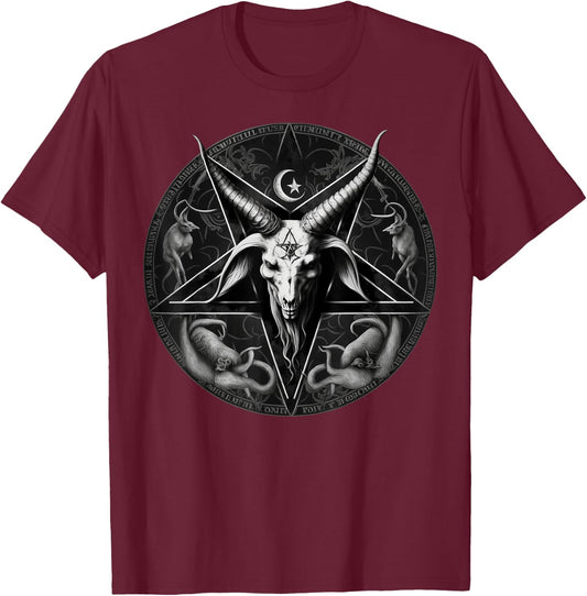 Satanic 666 Devil Occult on black and white Pentagram Goat T-Shirt - T-Shirt | Maroon