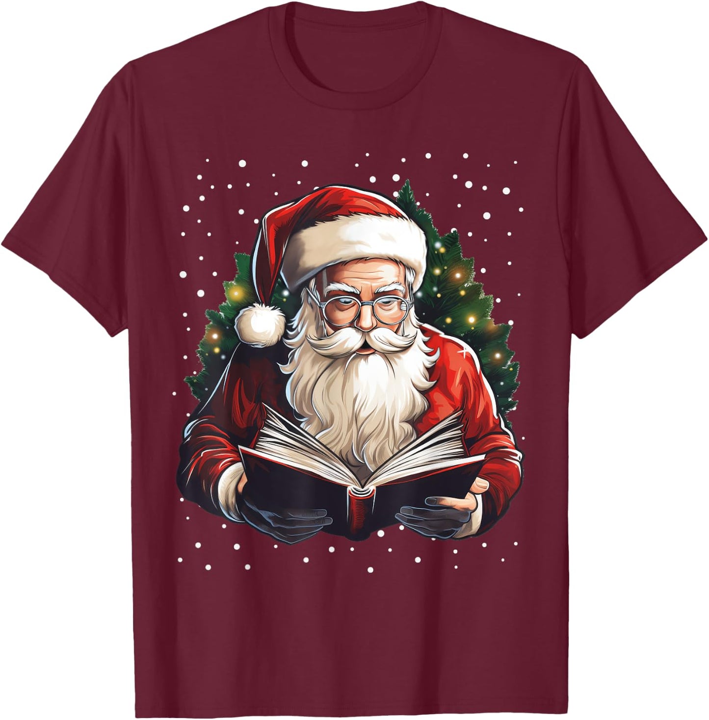 Santa Reading Book Bookworm Reader Bookish Christmas Tree T-Shirt - T-Shirt | Maroon