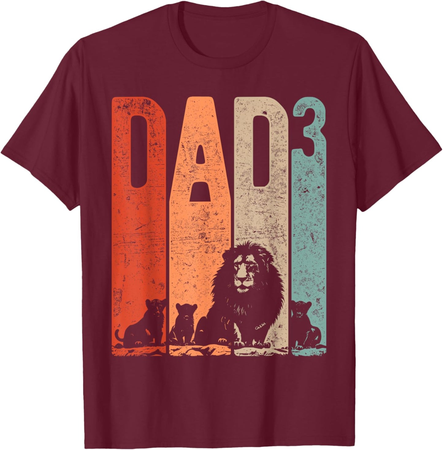 Papa Lion Cubs Father's Day Dad Squared Three Kids Retro T-Shirt - T-Shirt | Maroon