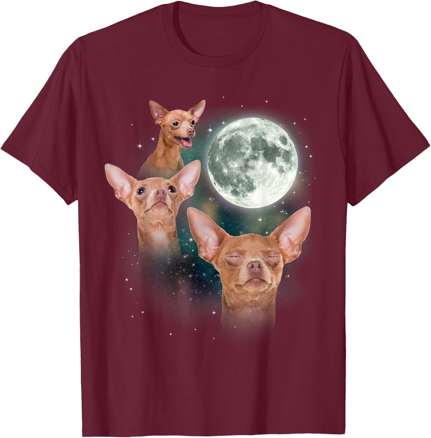 Three Chihuahua Moon 3 Dog Meme Funny Wolves Howling Parody T-Shirt - T-Shirt | Maroon