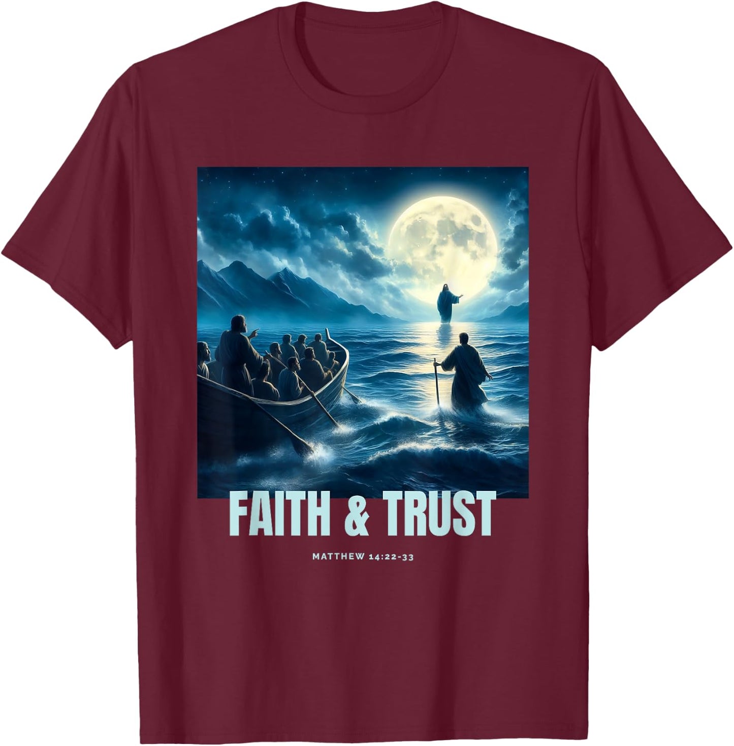 Faith Inspired Image Of Jesus Walking On Water T-Shirt - T-Shirt | Maroon