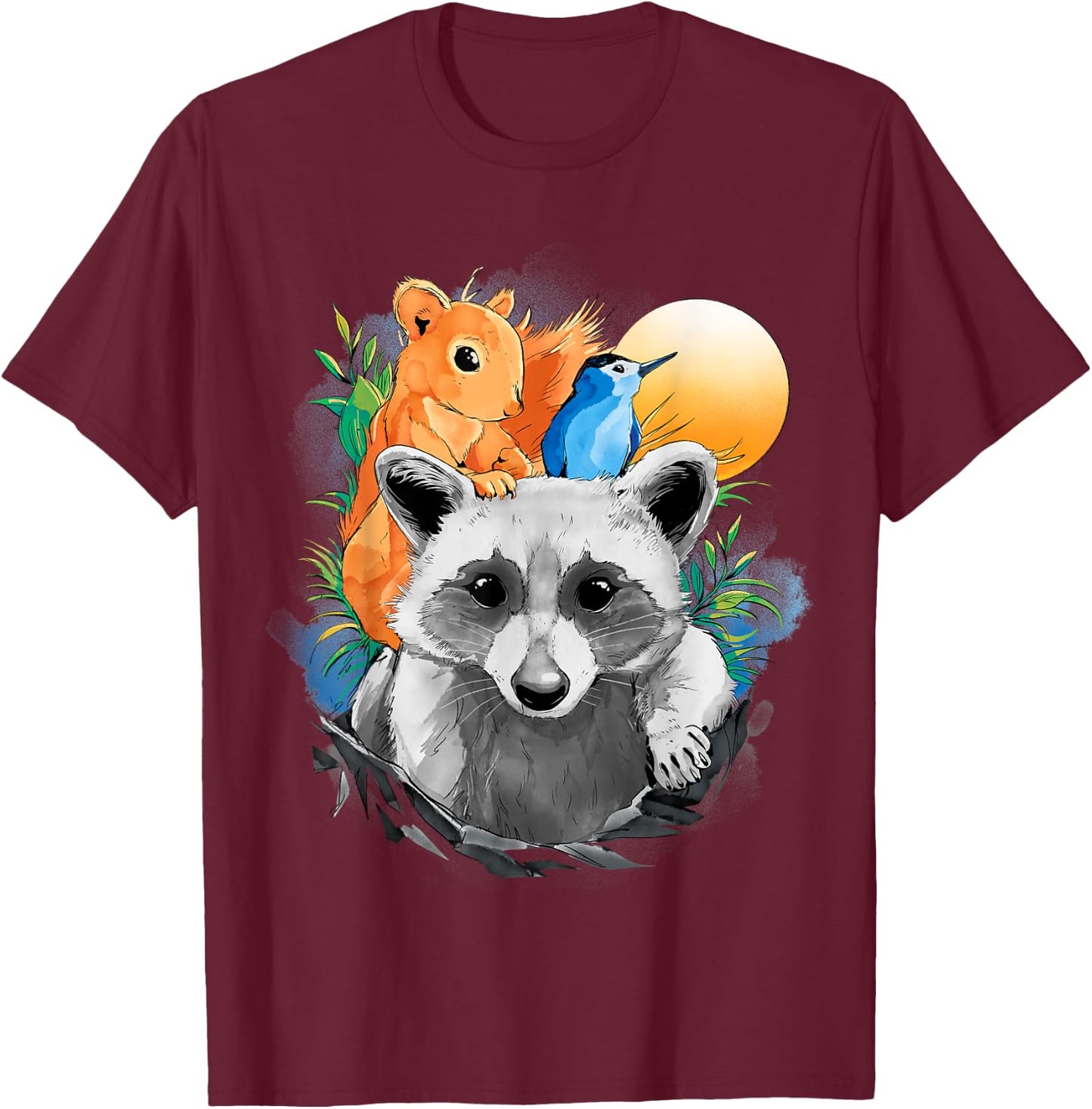 Raccoon Squirrel Animal Print Bird Design Animals T-Shirt - T-Shirt | Maroon
