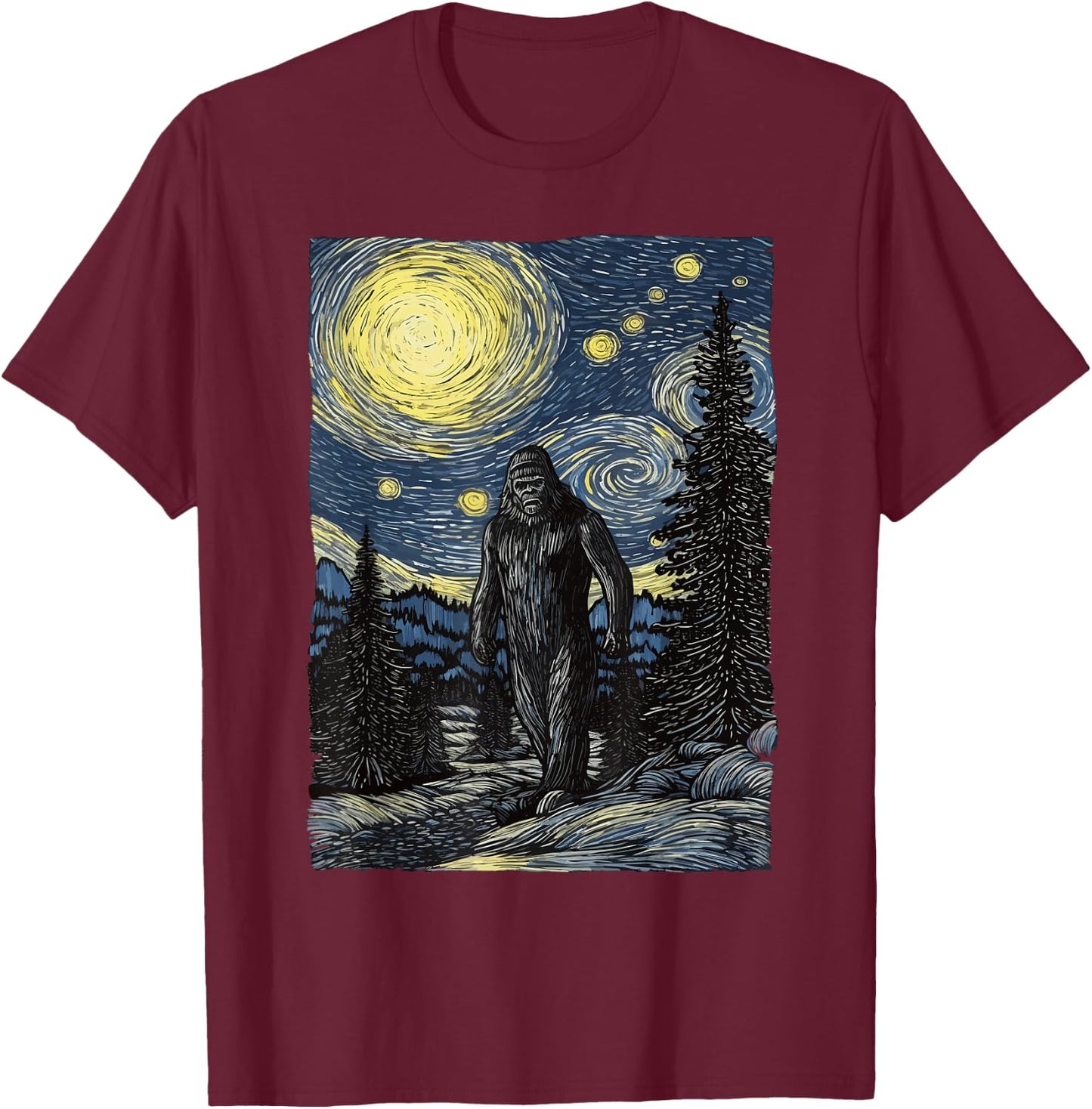 Bigfoot Starry Night Sasquatch Van Gogh Painting Art T-Shirt - T-Shirt | Maroon