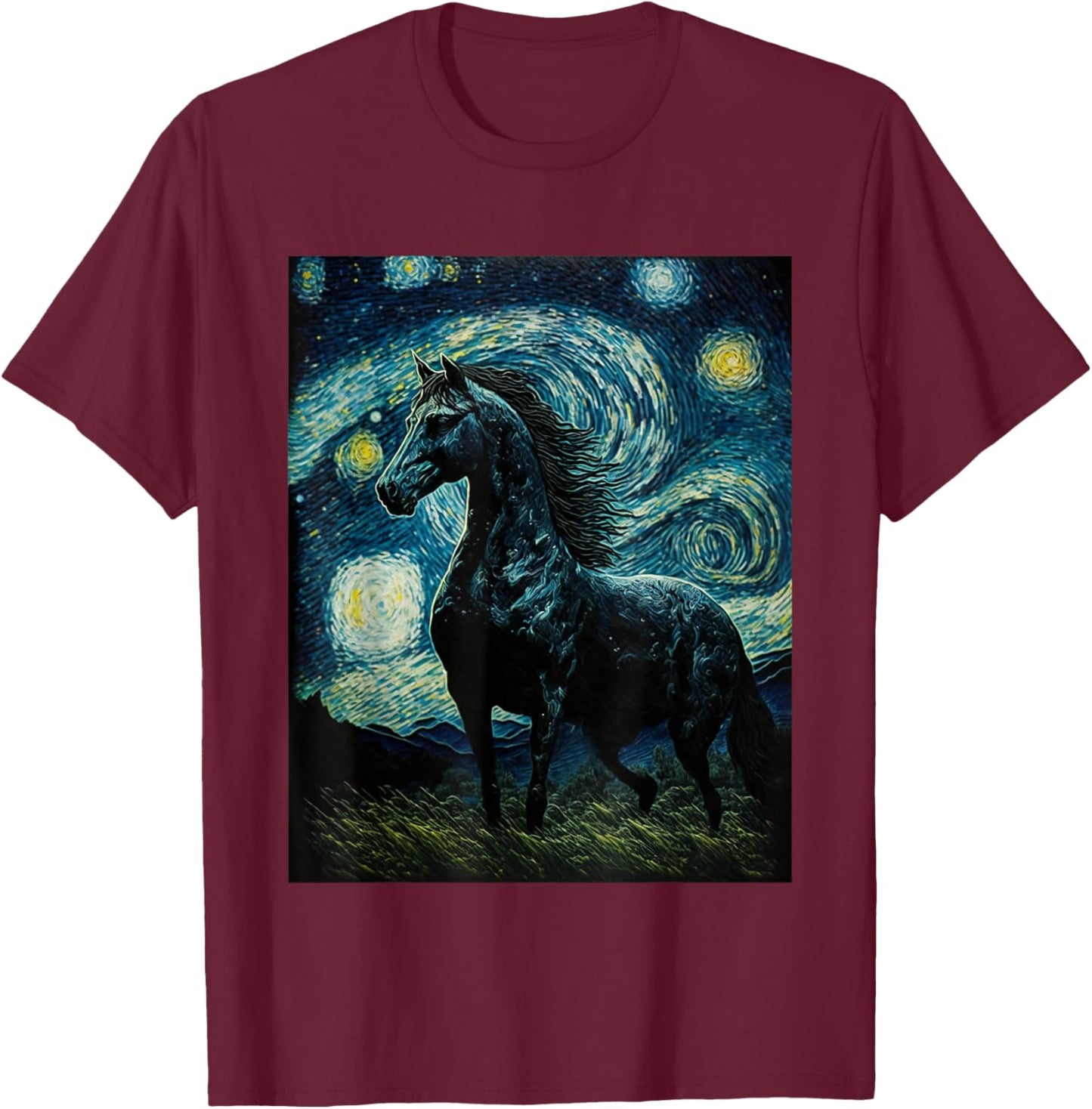 Horse Starry Night, Van Gogh Horse, Horse Lovers T-Shirt - T-Shirt | Maroon