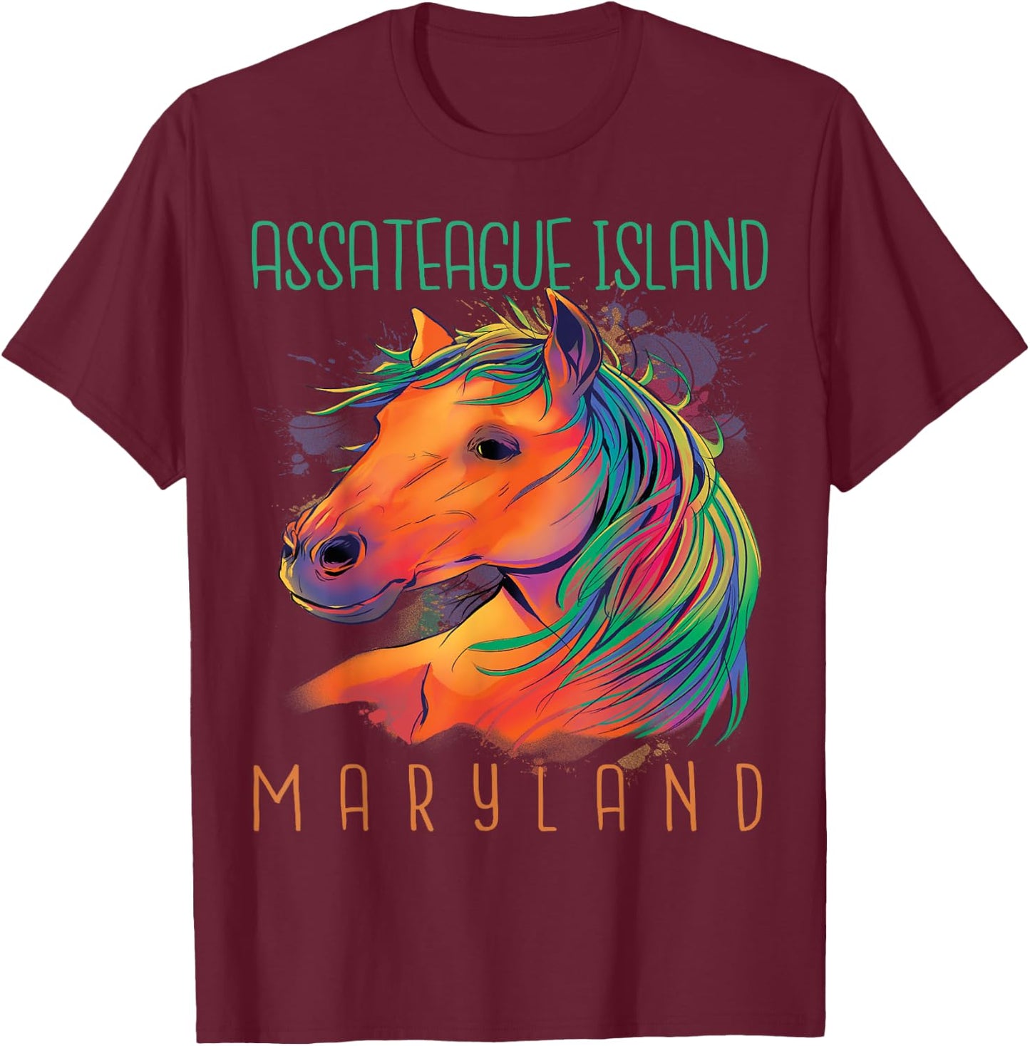 Colorful Horse Assateague Island Maryland Riding Souvenir T-Shirt - T-Shirt | Maroon