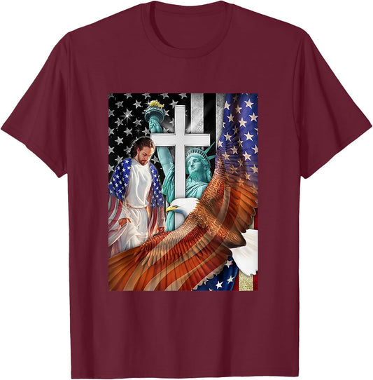Bald Eagle with Jesus Christ and American Flag Women Kids Men T-Shirt - T-Shirt | Maroon