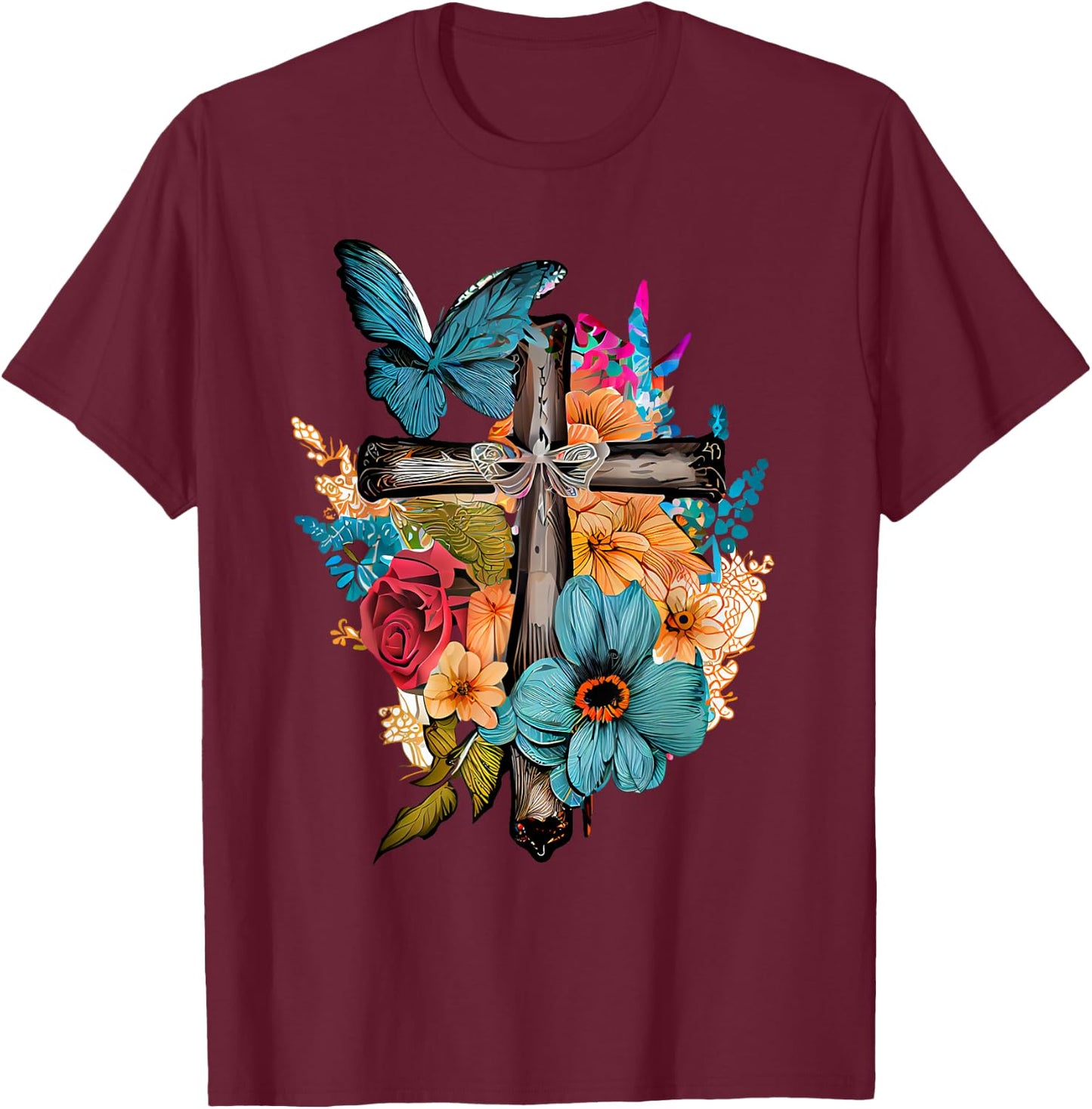 Jesus Cross Butterfly Flower Christian Faith Motivation T-Shirt - T-Shirt | Maroon