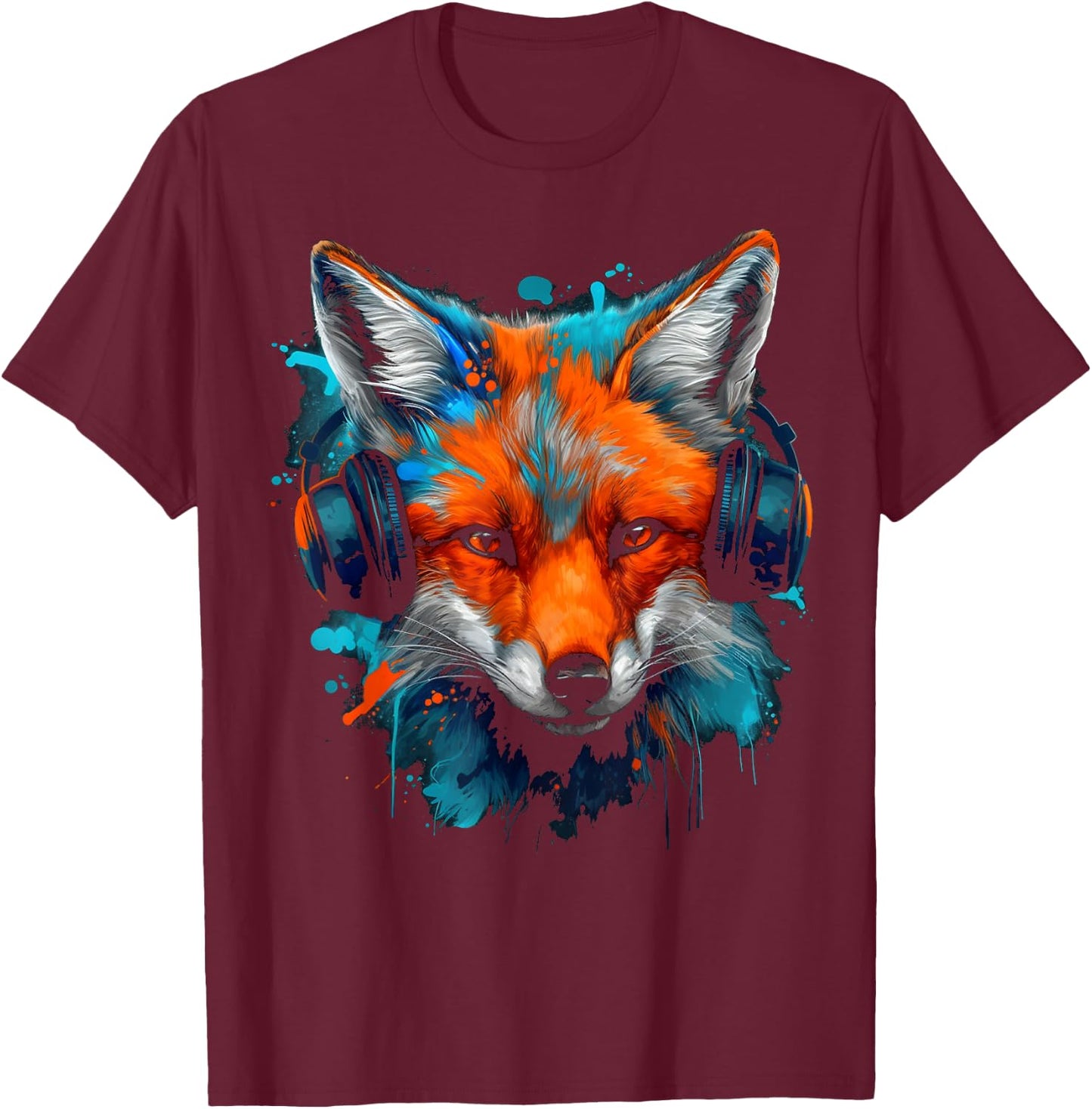 Fox Music Art Headphones Animal Fox T-Shirt - T-Shirt | Maroon