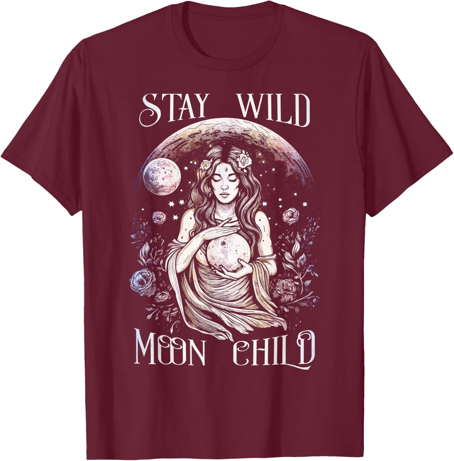 "Stay Wild Moon Child" Hecate With The Full Moon T-Shirt - T-Shirt | Maroon