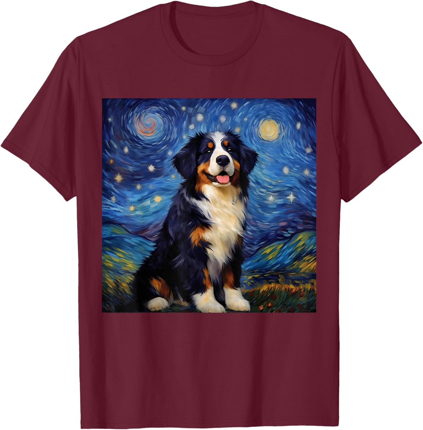 Surreal Starry Night Bernese Mountain Dog T-Shirt - T-Shirt | Maroon