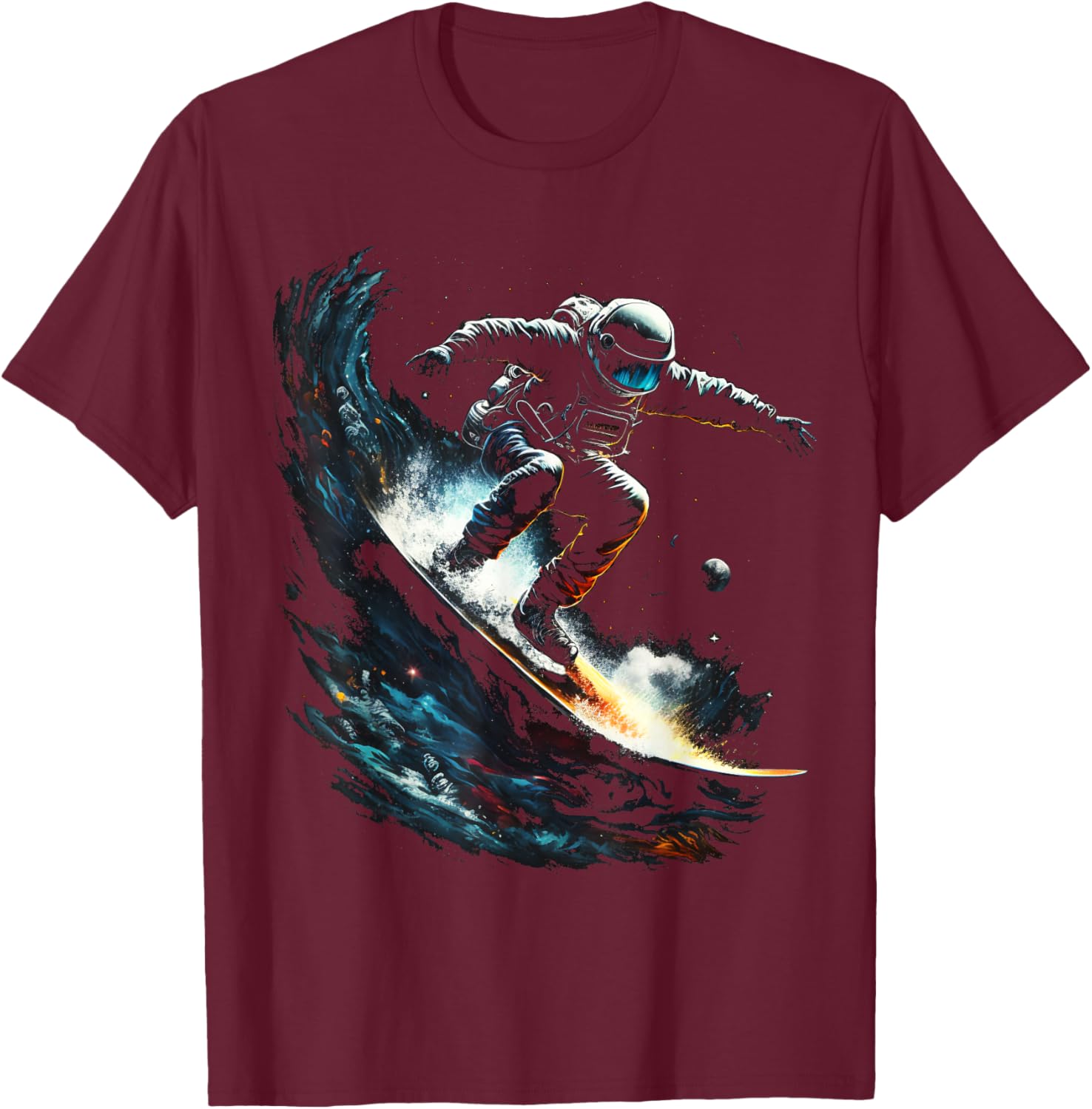 Astronaut surfs space waves, universe galaxy planets sci-fi T-Shirt - T-Shirt | Maroon