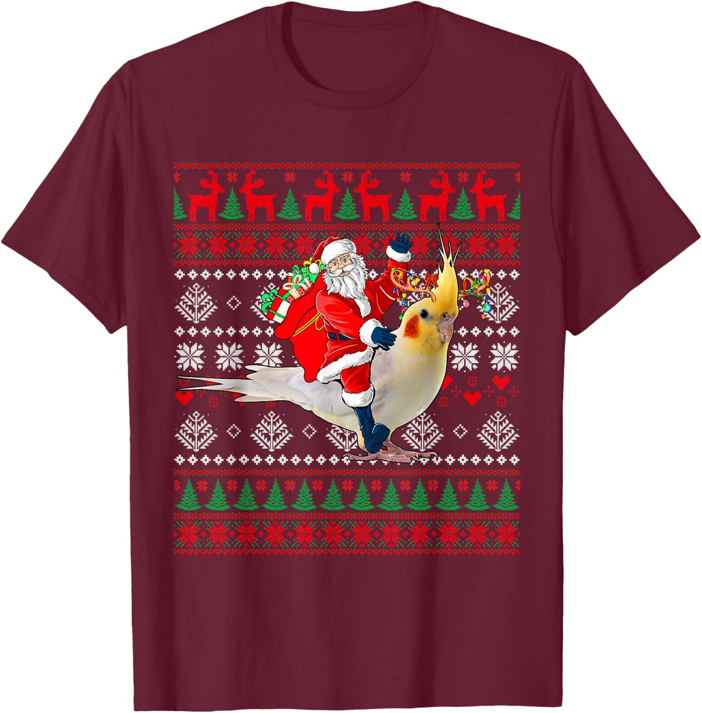 Santa Riding Reindeer Cockatiel Christmas Costume Bird Lover T-Shirt - T-Shirt | Maroon