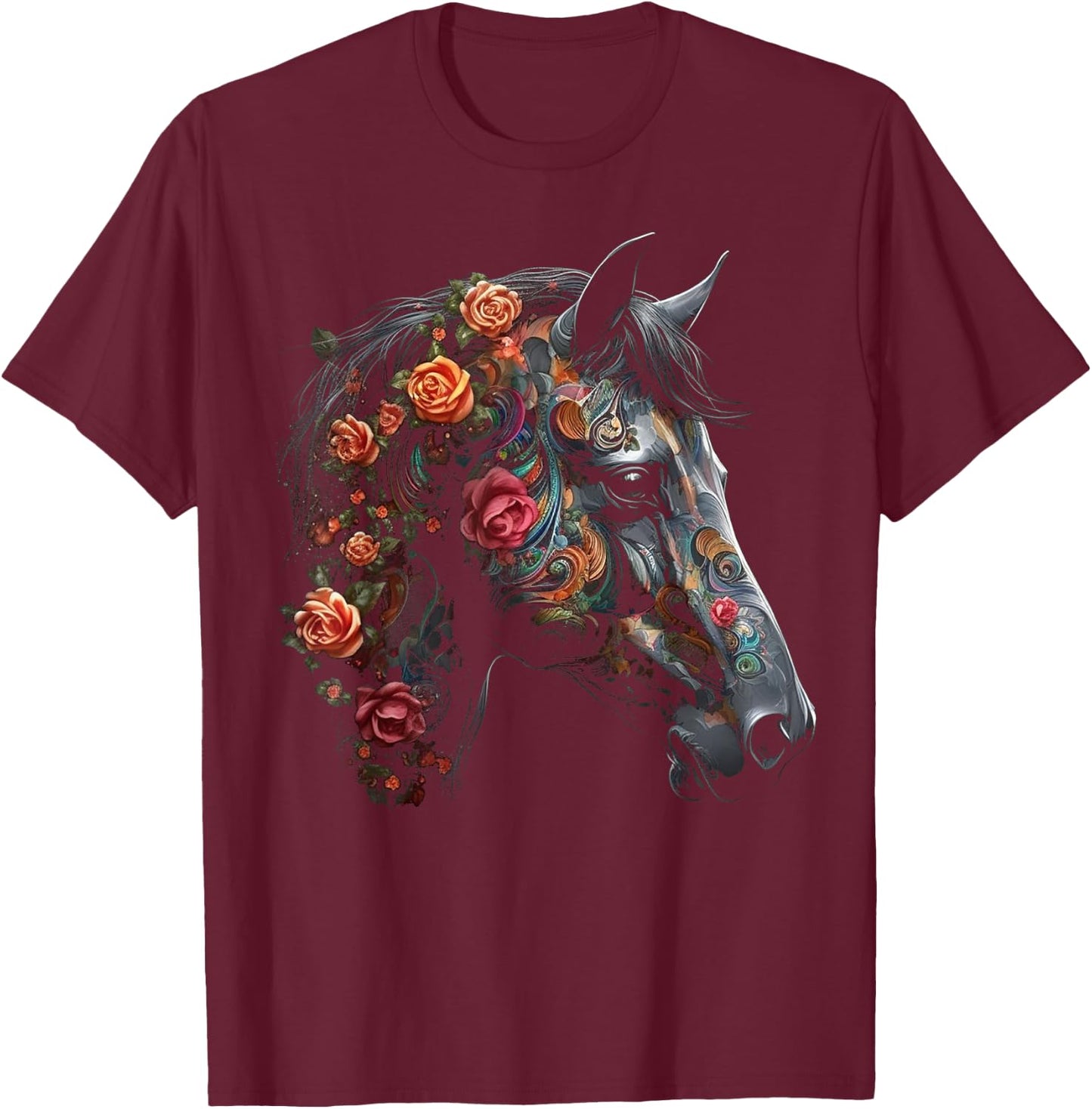 Horse Flowers Riding Horse Motif – Art Horse T-Shirt - T-Shirt | Maroon