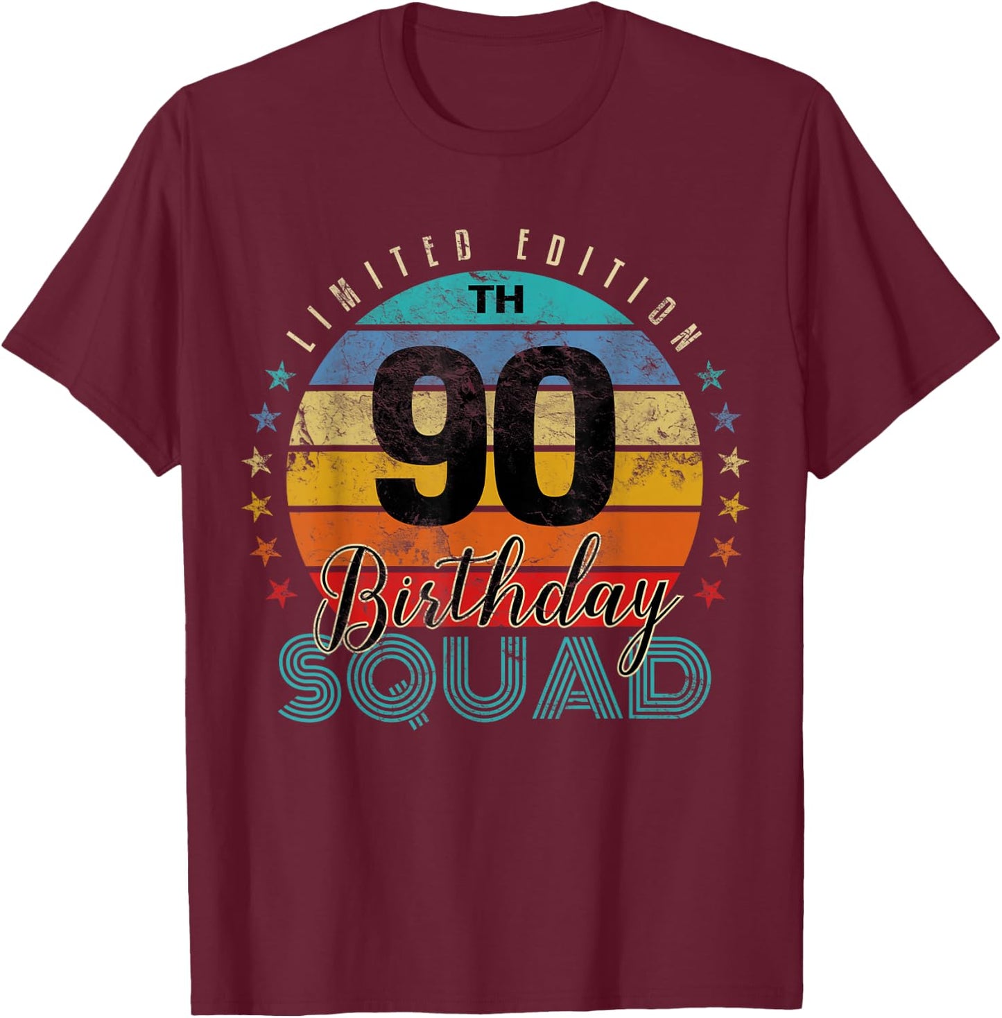 90 Year Old Birthday Squad Vintage 90th B-Day Group Friends T-Shirt - T-Shirt | Maroon