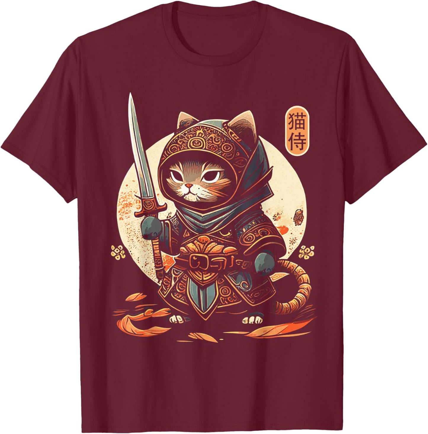 Japanese Samurai Cat Tattoo Kawaii Ninja Cat T-Shirt - T-Shirt | Maroon