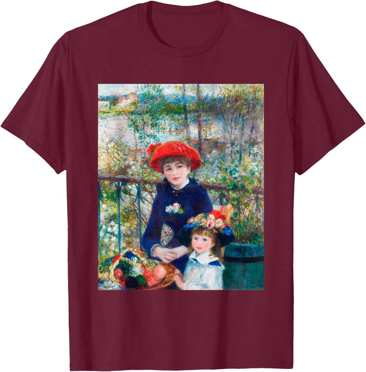 Two Sisters On Terrace Renoir Impressionist Colorful T-Shirt - T-Shirt | Maroon