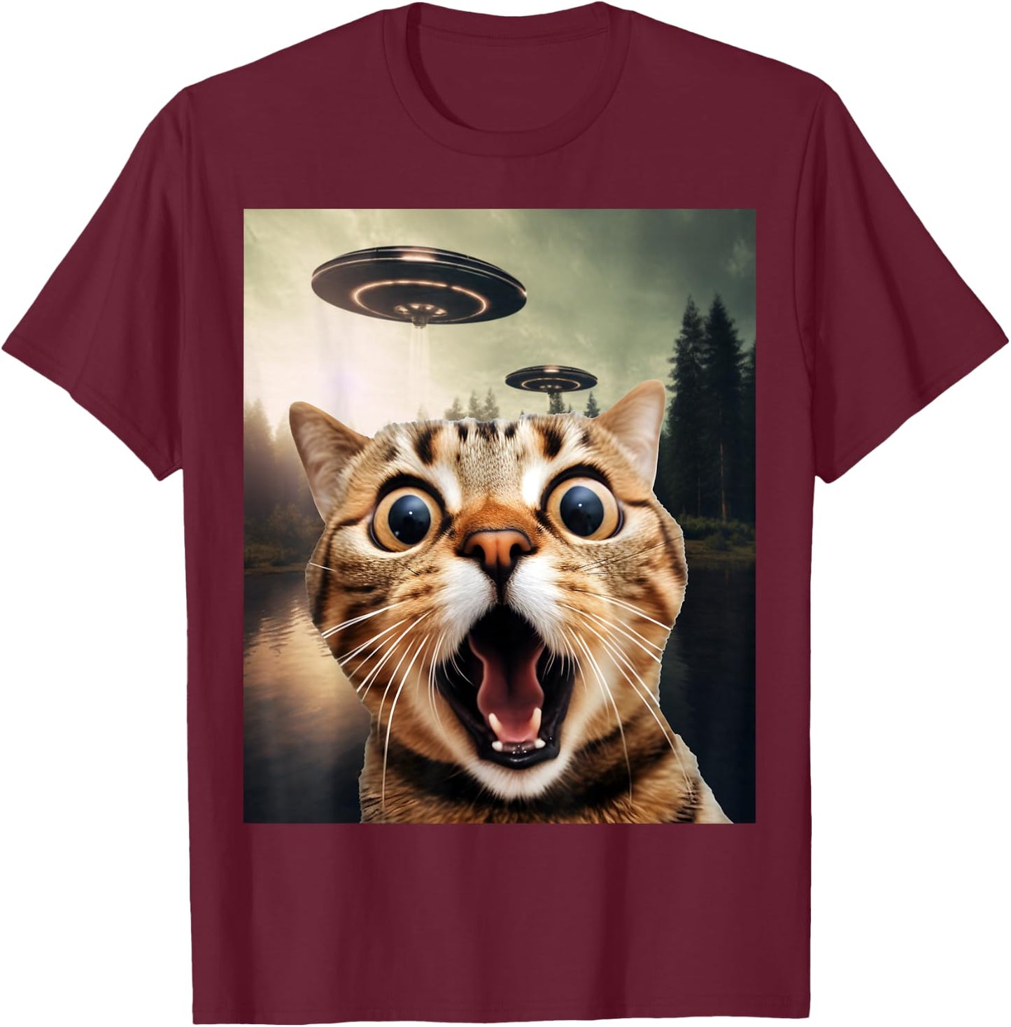 Alien UFO Funny Cat Shirt - Funny Cat Shirts for Cat Dad/Mom T-Shirt - T-Shirt | Maroon