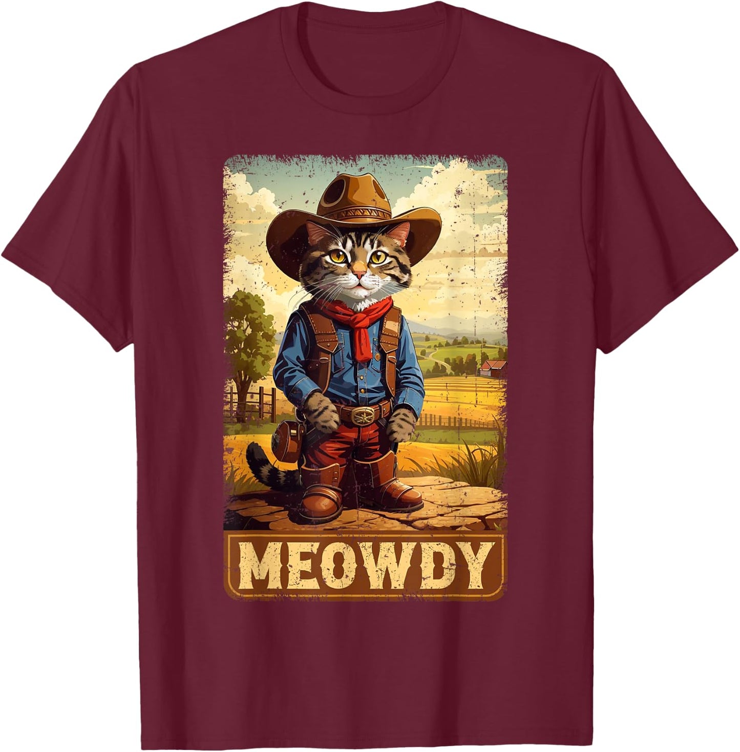 Meowdy Funny Country Side Cat Hat Vintage Cowboy Cat T-Shirt - T-Shirt | Maroon
