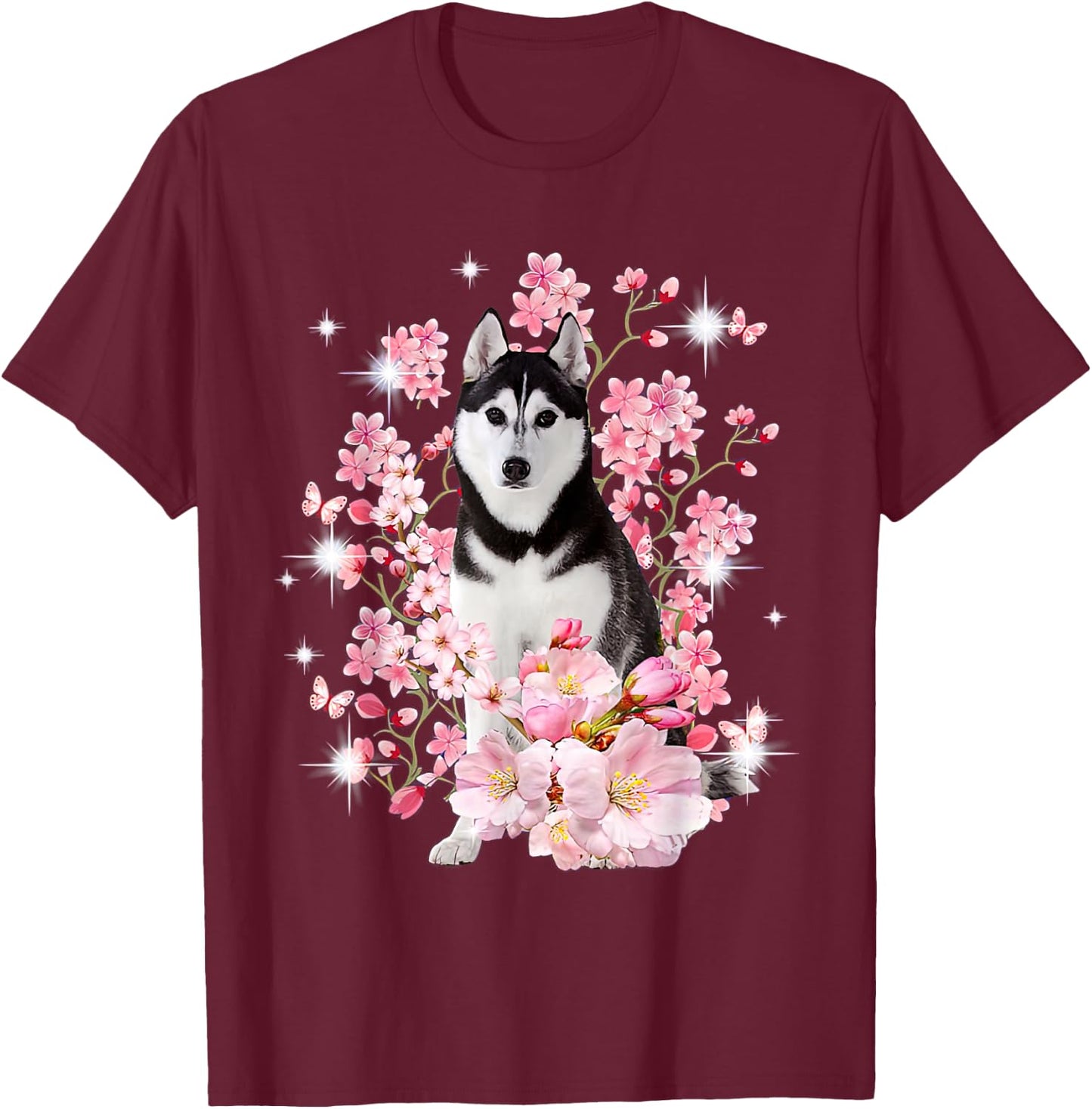 Husky Dog Japanese Cherry Blossom Sakura Flower T-Shirt - T-Shirt | Maroon