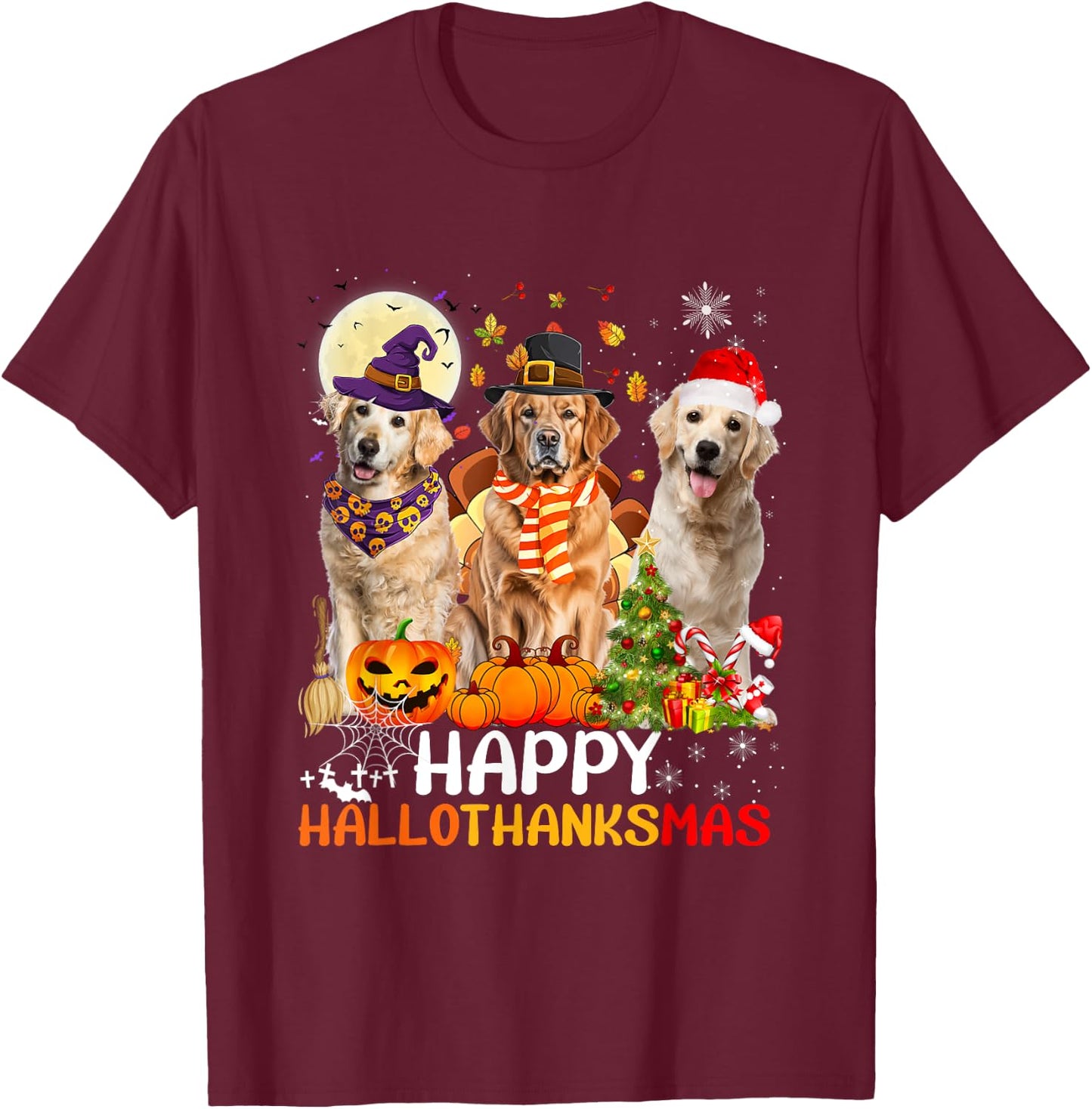 Cute Golden Retriever Happy Hallothanksmas Halloween Xmas T-Shirt - T-Shirt | Maroon