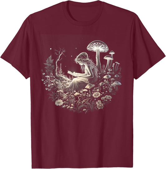 Cottagecore Fairy Mushroom Reading T-Shirt - T-Shirt | Maroon