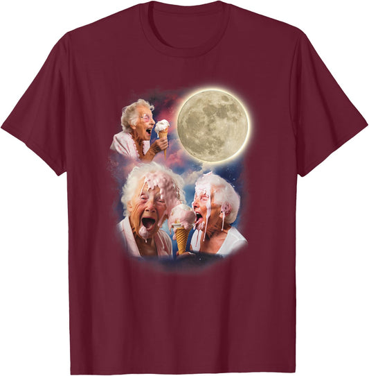 Three Granny Moon Funny Old Ladies Moon Weird Cursed Meme T-Shirt - T-Shirt | Maroon