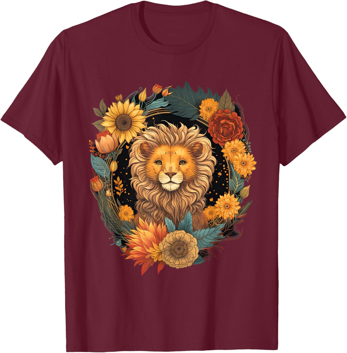 Sunflower Hippie Floral Lion T-Shirt - T-Shirt | Maroon