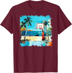 Basketball Hoop Tropical Sea Beach Stylish Street Art Design T-Shirt - T-Shirt | Maroon