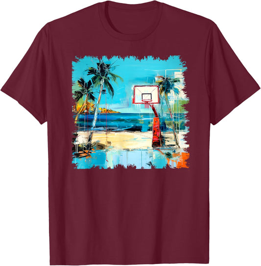Basketball Hoop Tropical Sea Beach Stylish Street Art Design T-Shirt - T-Shirt | Maroon
