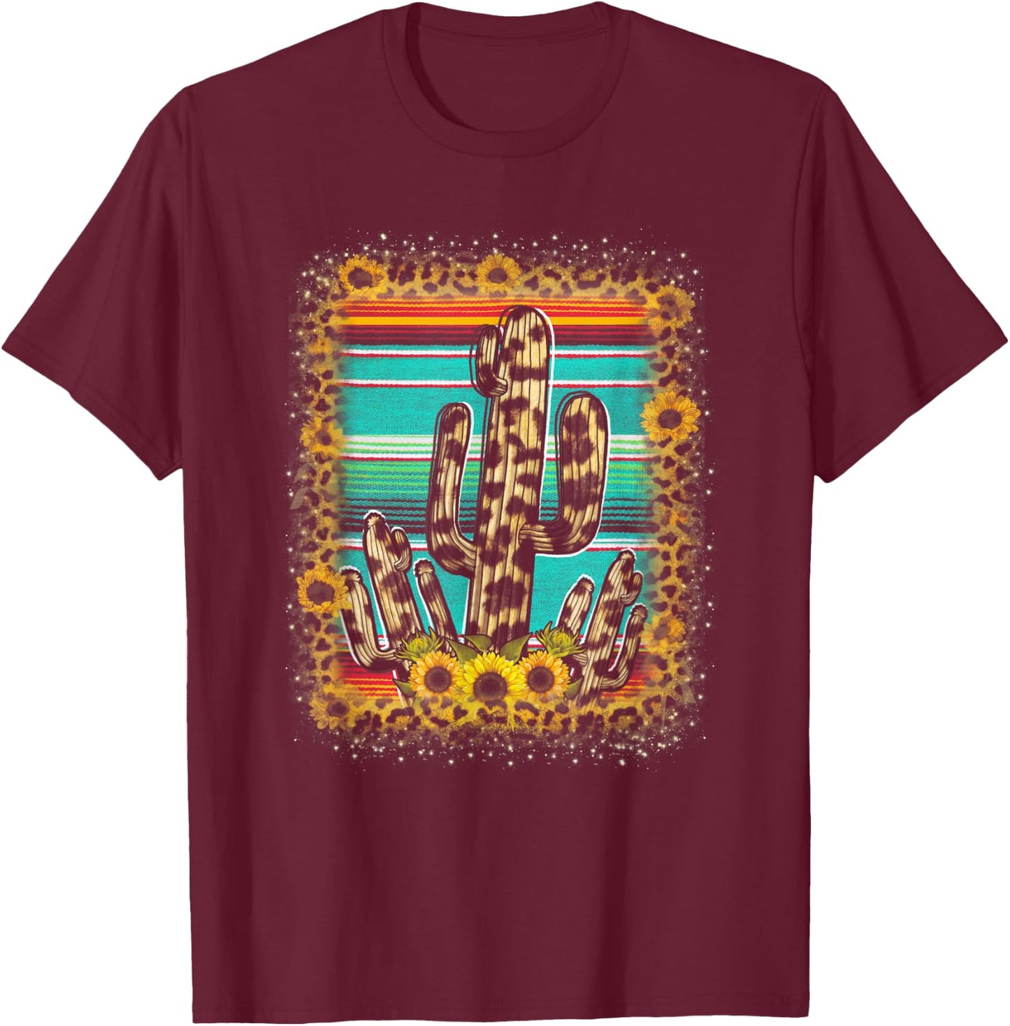 Cowhide Texas Cactus Serape Western Rodeo Horse Lovers T-Shirt - T-Shirt | Maroon
