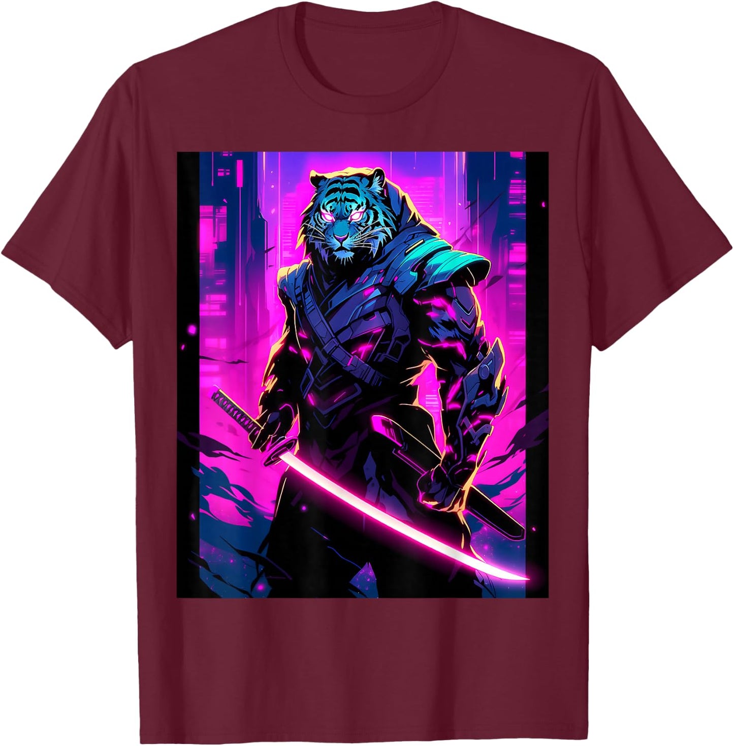 Night's Warrior: Featuring a Tiger Samurai in the Darkness T-Shirt - T-Shirt | Maroon