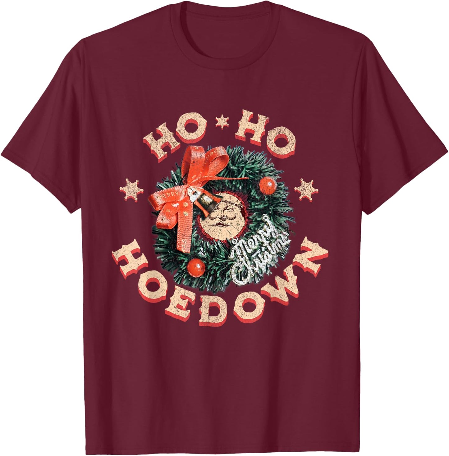 Ho Ho Hoedown Santa Jingle Bells Vintage Western Christmas T-Shirt - T-Shirt | Maroon