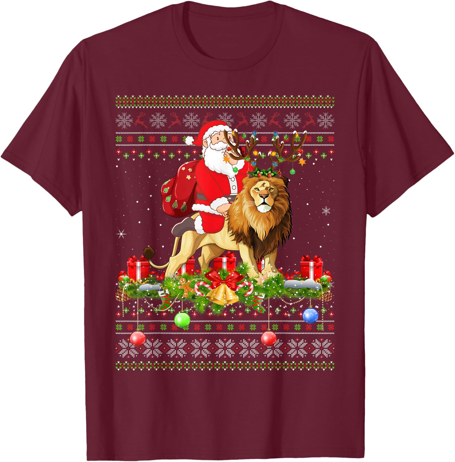 Lion Lover Ugly Santa Riding Lion Christmas T-Shirt - T-Shirt | Maroon