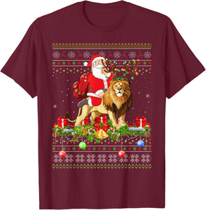 Lion Lover Ugly Santa Riding Lion Christmas T-Shirt - T-Shirt | Maroon