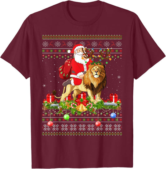 Lion Lover Ugly Santa Riding Lion Christmas T-Shirt - T-Shirt | Maroon