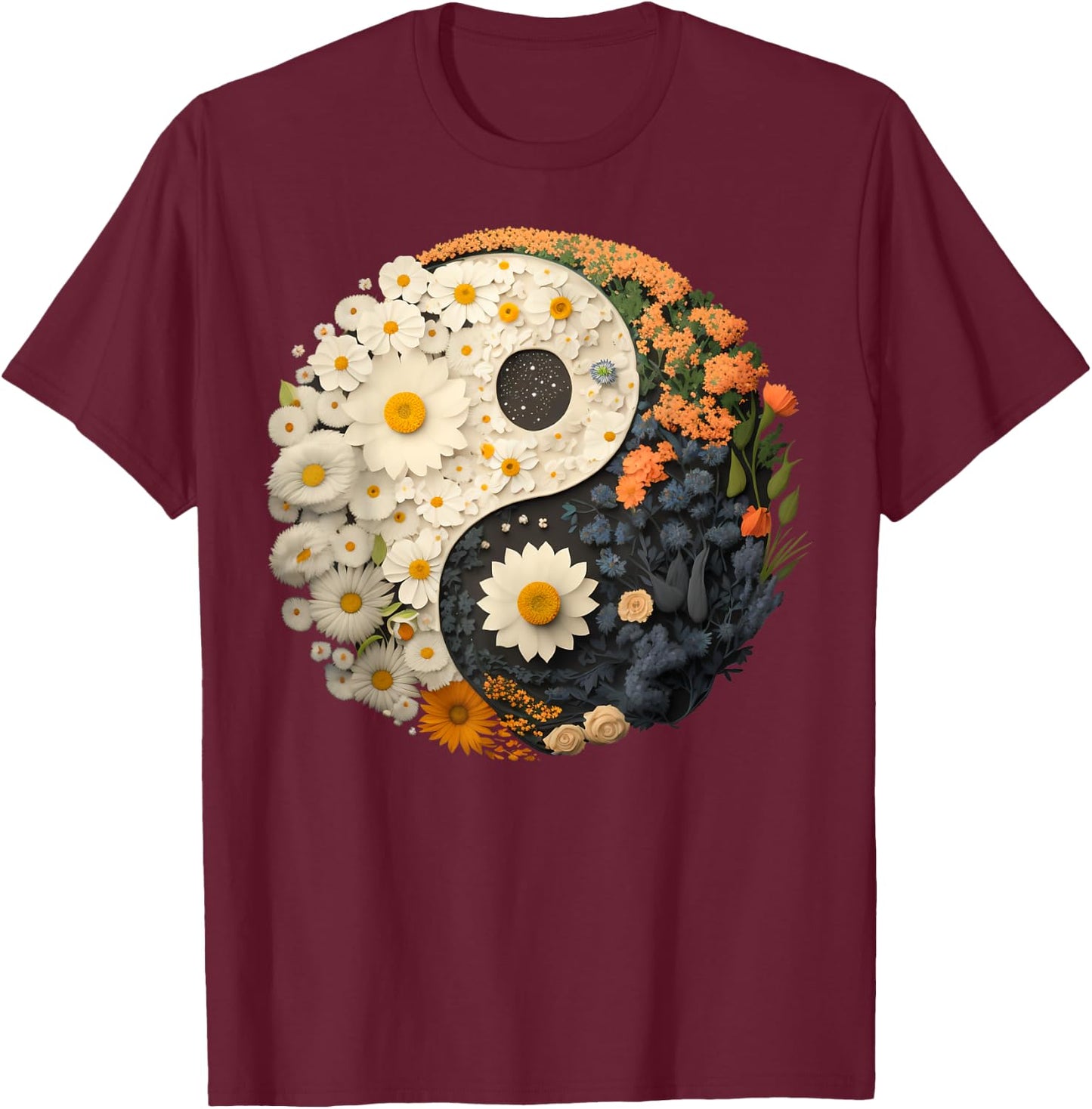 Floral Taoism Yin Yang Symbol on Flower Taijitu Yin Yang T-Shirt - T-Shirt | Maroon