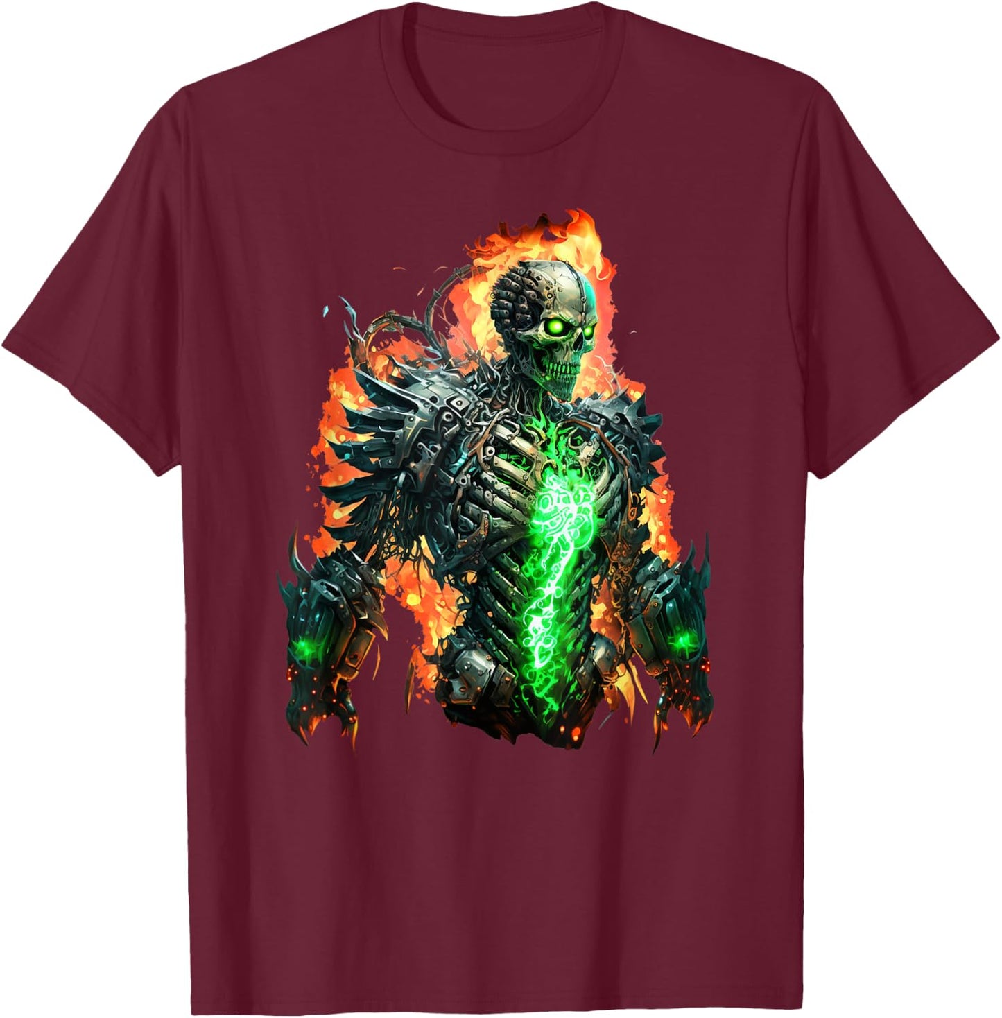Flaming Skeleton Cyborg Graphic T-Shirt - T-Shirt | Maroon