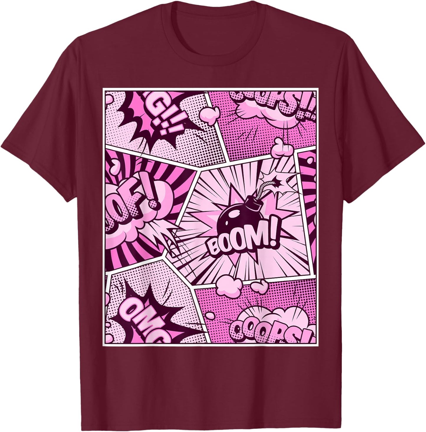 Comic Book Pink Color Graphic T-Shirt - T-Shirt | Maroon