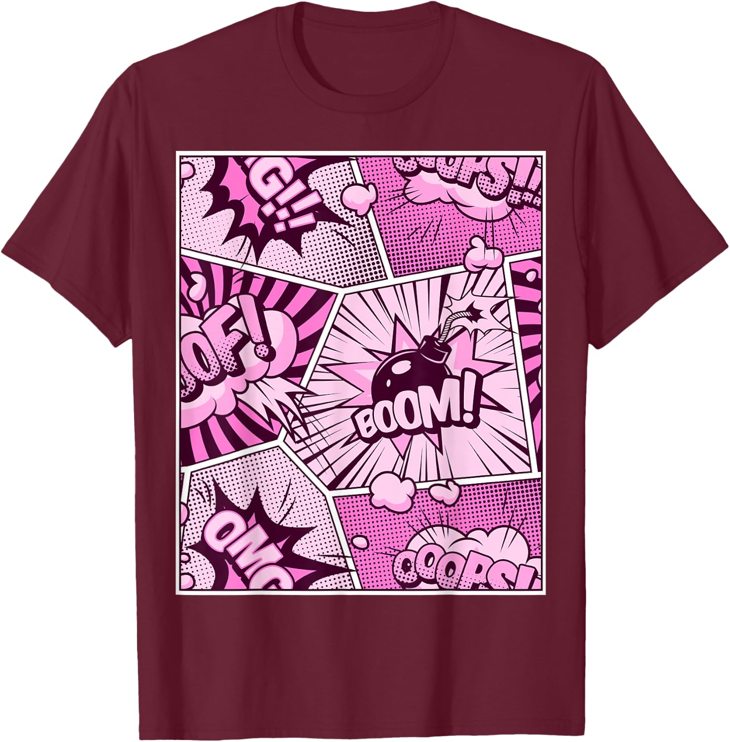 Comic Book Pink Color Graphic T-Shirt - T-Shirt | Maroon