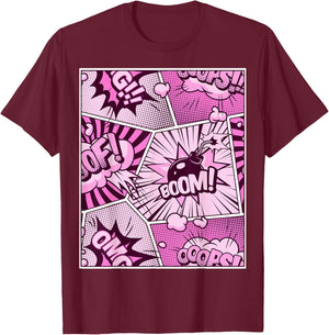 Comic Book Pink Color Graphic T-Shirt - T-Shirt | Maroon