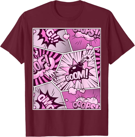Comic Book Pink Color Graphic T-Shirt - T-Shirt | Maroon
